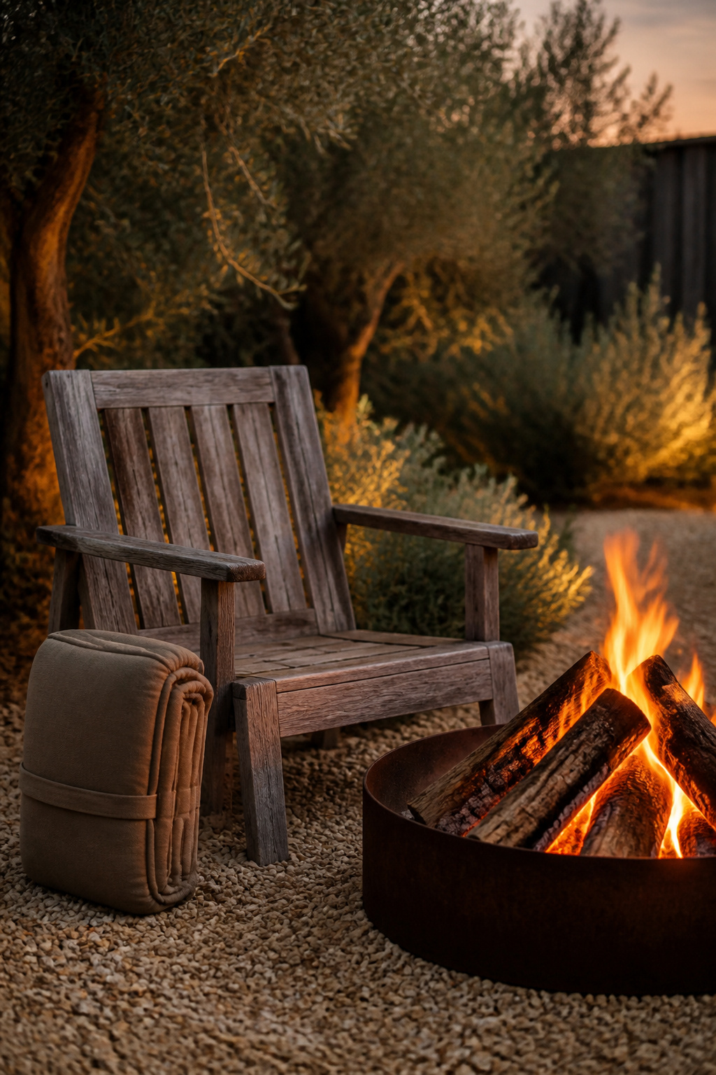 Weathered teak lounge chair with a rolled outdoor cushion beside a glowing steel fire pit on buff gravel at dusk