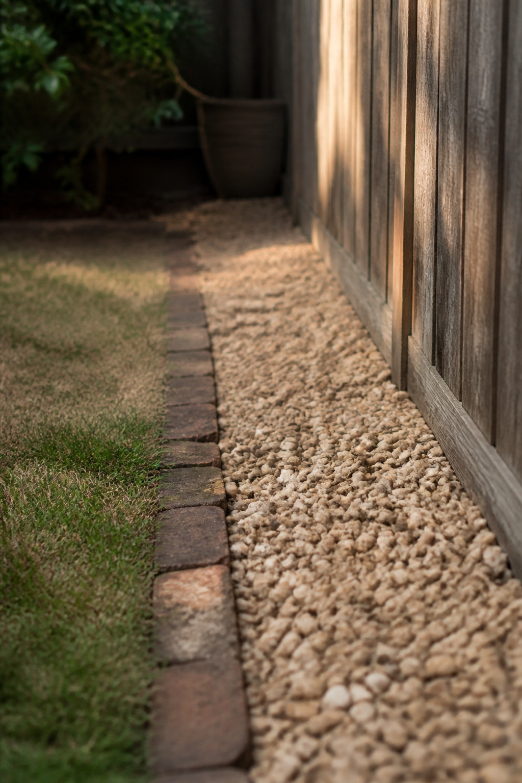 Buff pea gravel patio edge meeting a patch of thin lawn along a brick edging line