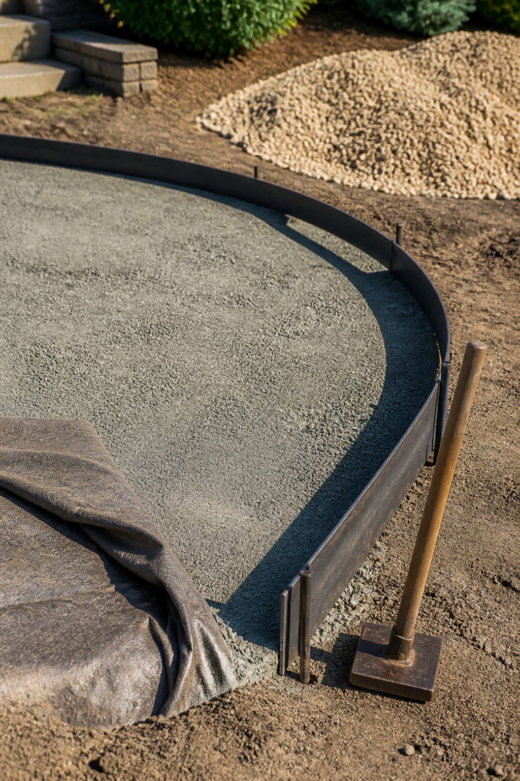 Gravel patio base under construction with landscape fabric, compacted stone base and steel edging staked in place