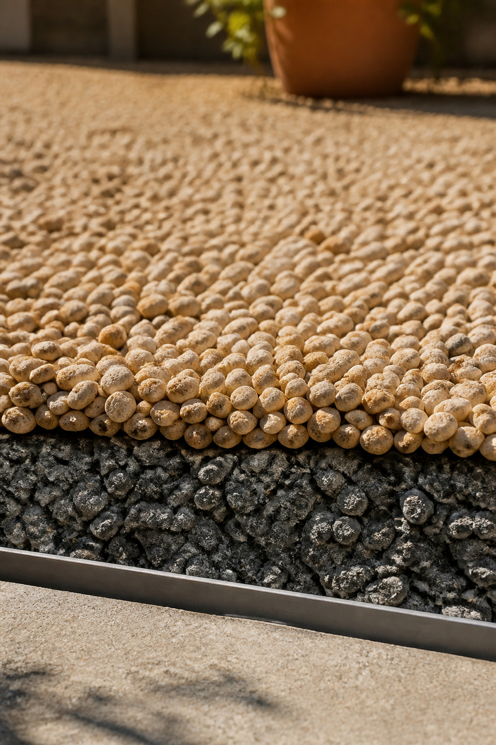 Cross-section view of buff pea gravel over a compacted crushed-stone base at a steel-edged patio line