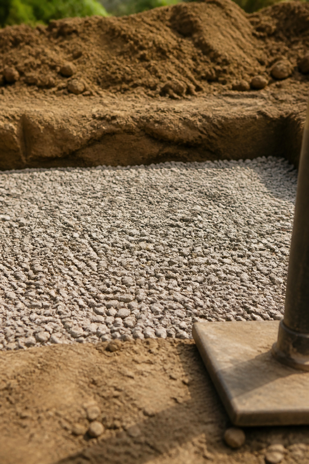 Close view of a compacted crushed-stone base layer inside an excavated gravel patio trench
