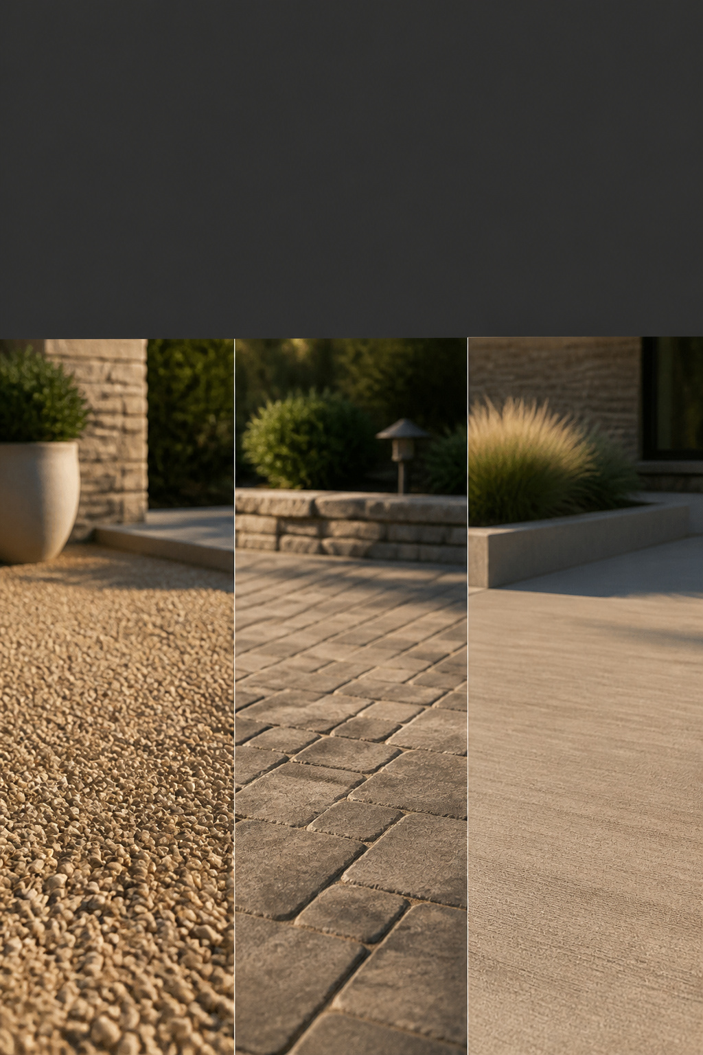 Pinterest collage comparing buff pea gravel, a weathered paver patio and a broom-finished concrete slab, with a warm charcoal headline band