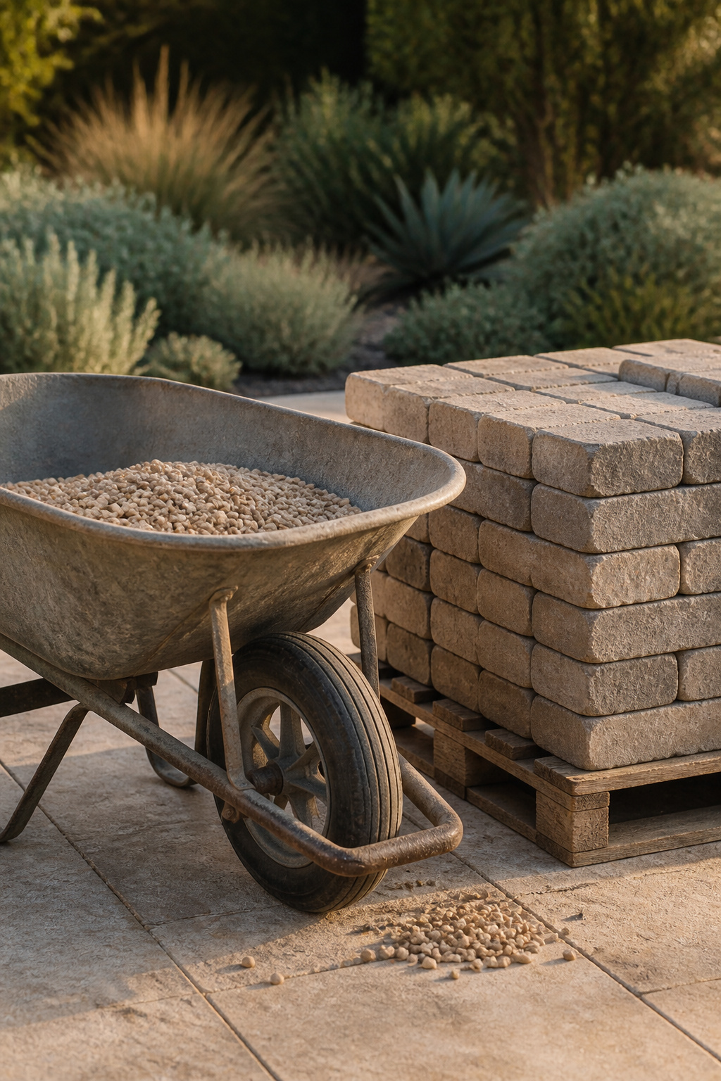 A wheelbarrow of loose buff pea gravel parked beside a stacked pallet of weathered concrete pavers