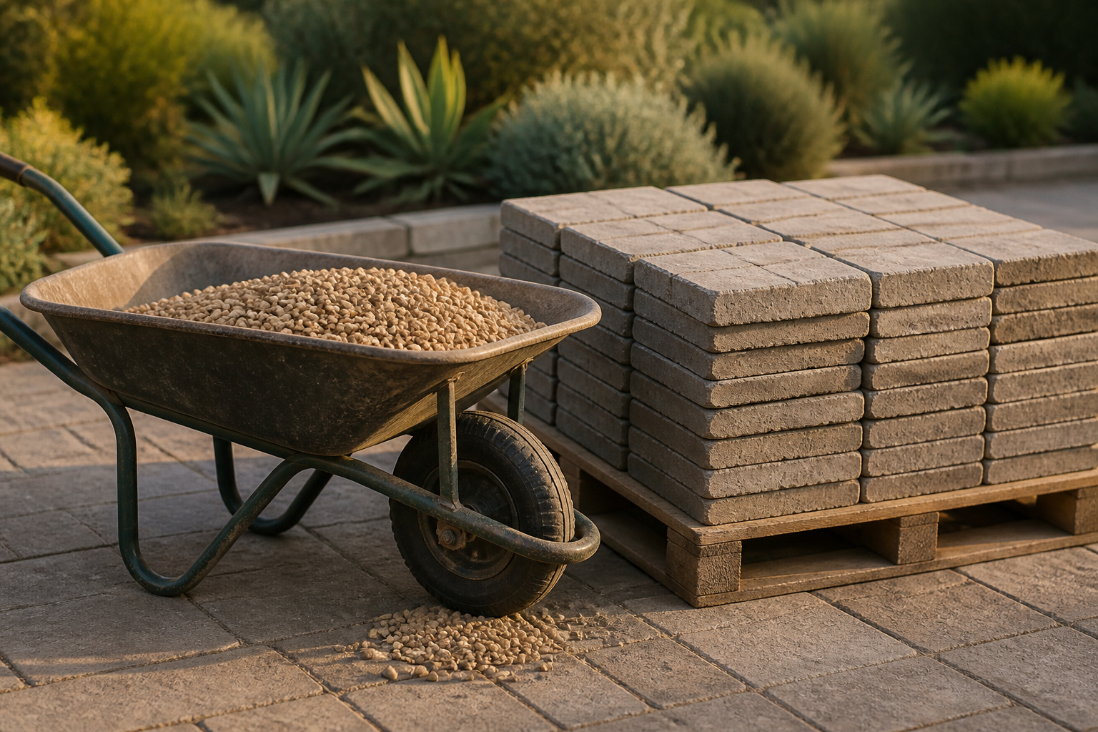 A wheelbarrow of loose buff pea gravel parked beside a stacked pallet of weathered concrete pavers