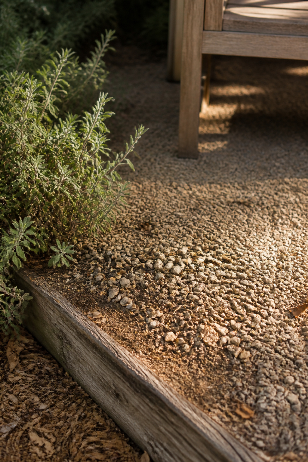 Weathered gravel patio corner with settled stone and sage planting spilling over timber edging