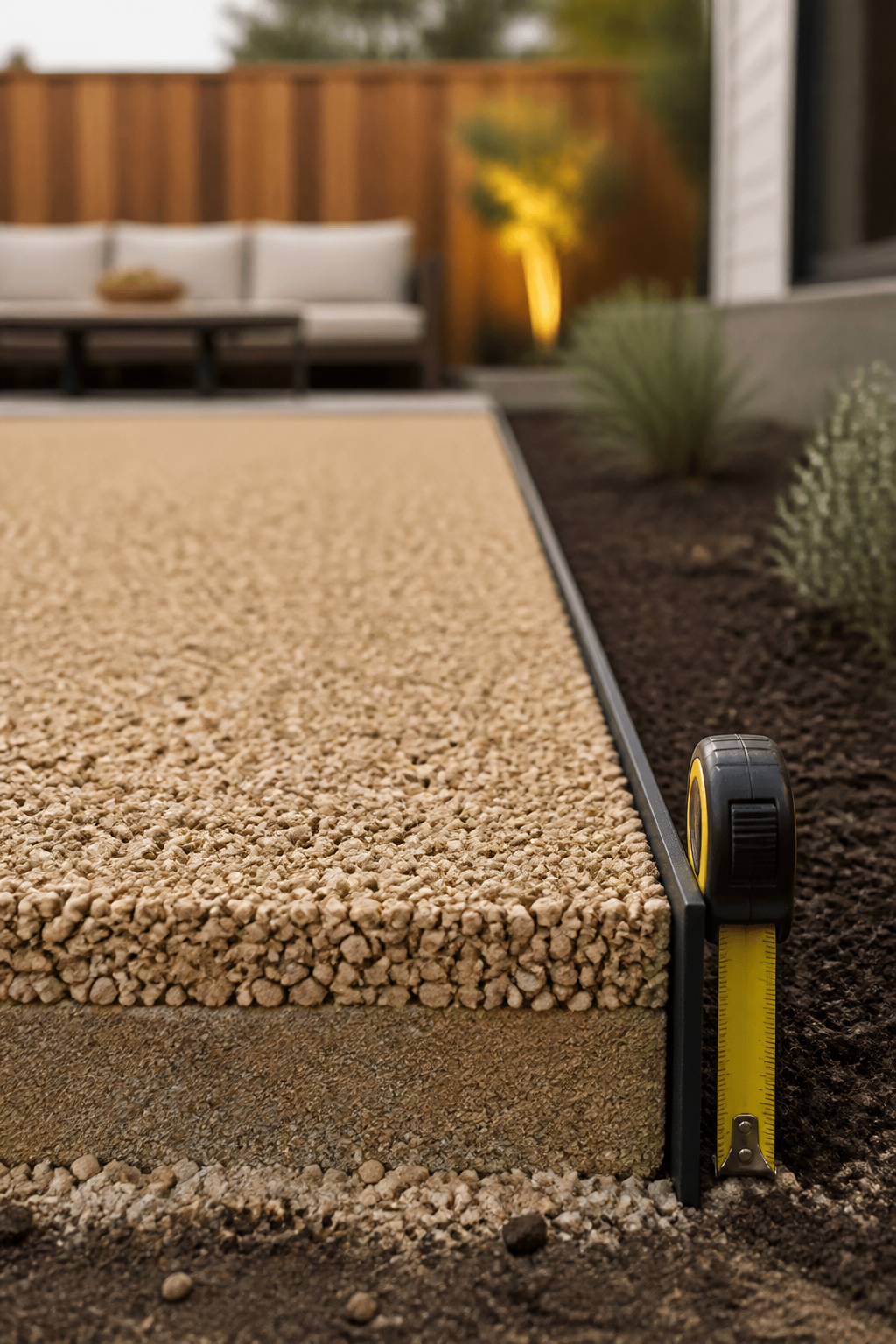 A gravel patio edge showing even stone depth held flush against steel edging over a compacted base
