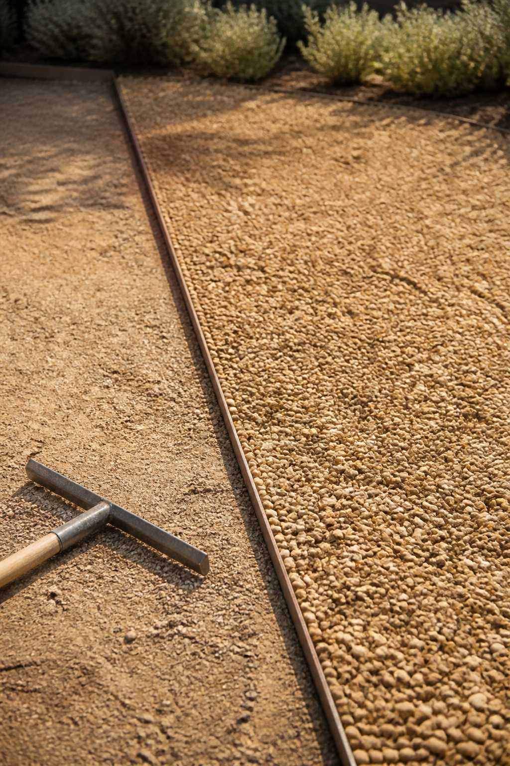 Steel edging line dividing a compacted base from a finished section of buff pea gravel mid-build