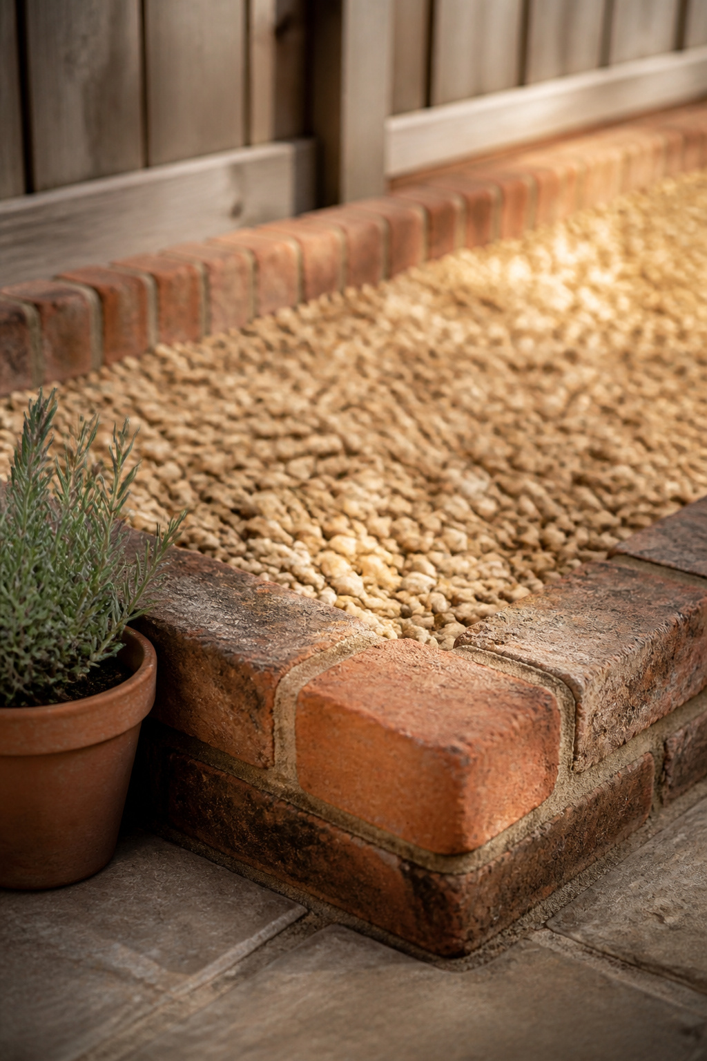 Crisp brick edging corner framing a compact section of buff pea gravel in a small backyard