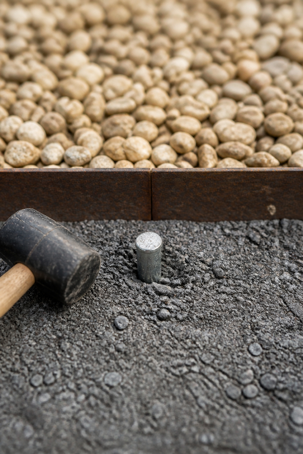 Galvanized stake driven into a compacted base along a steel edging run bordering a gravel patio