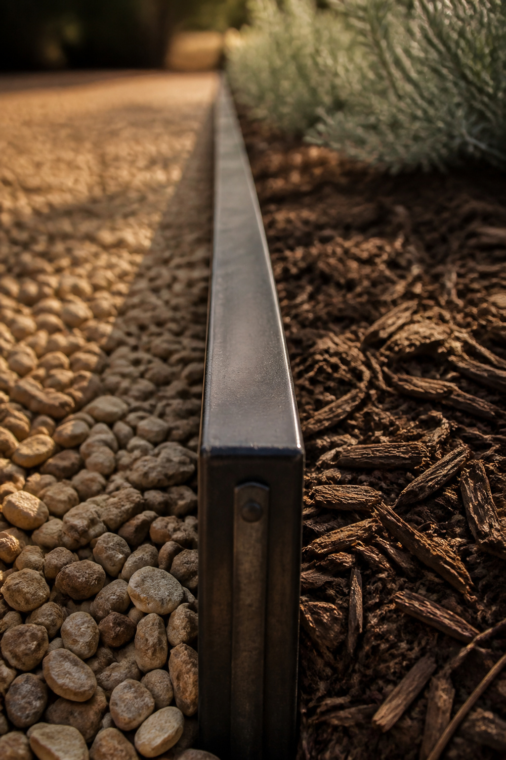 Straight run of blackened steel edging separating buff pea gravel from a planting bed on a patio