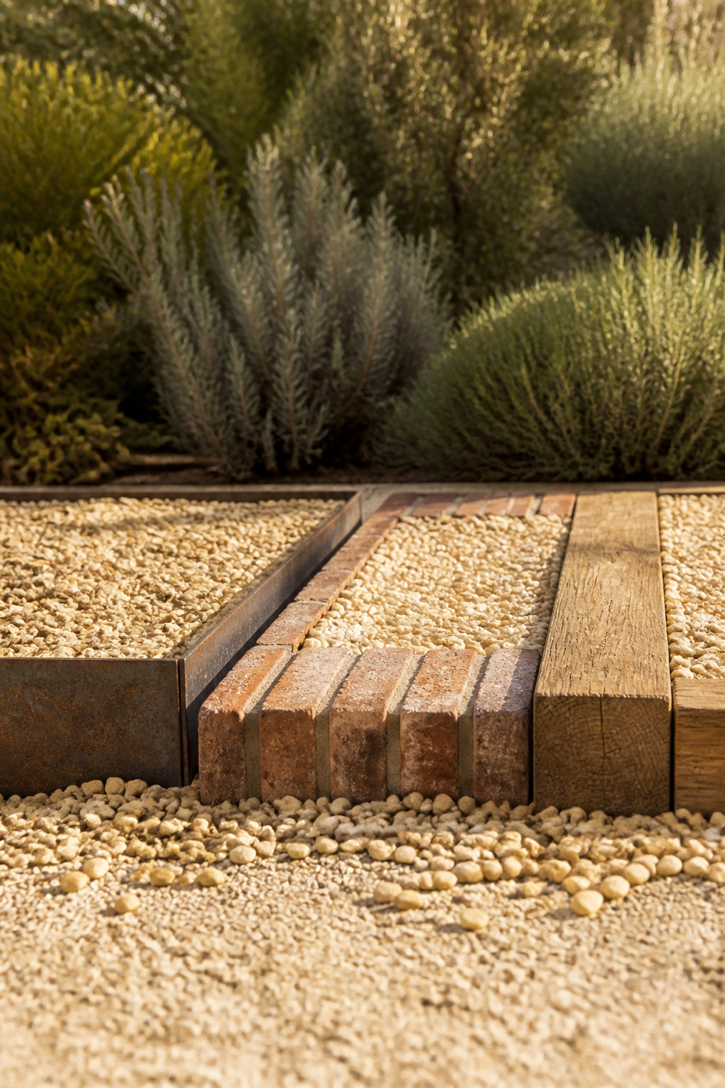 Three edging materials — steel, brick and timber — each holding back buff pea gravel, arranged side by side