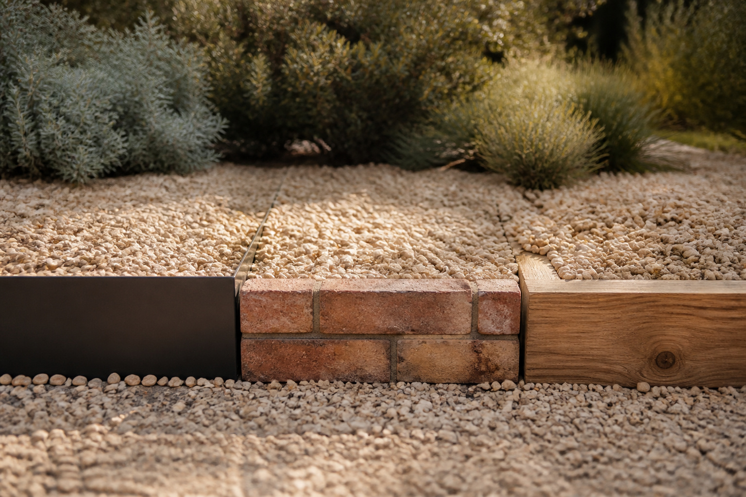 Three edging materials — steel, brick and timber — each holding back buff pea gravel, arranged side by side