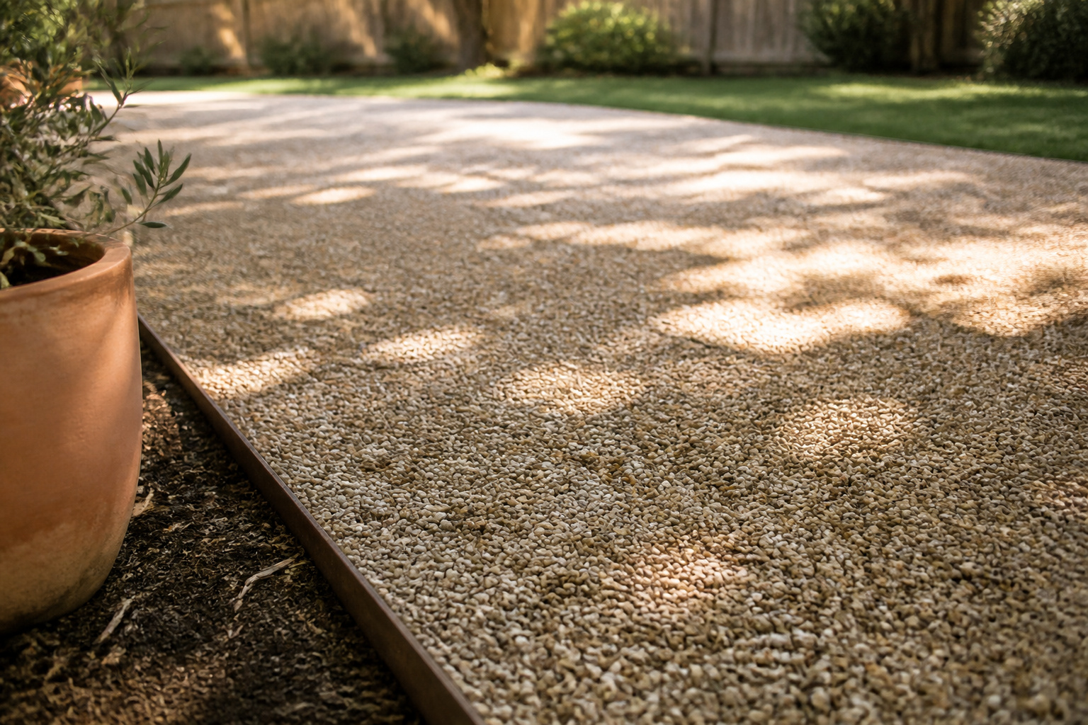 Low ground-level view of a finished buff pea gravel patio with a slim steel edging border and a terracotta planter