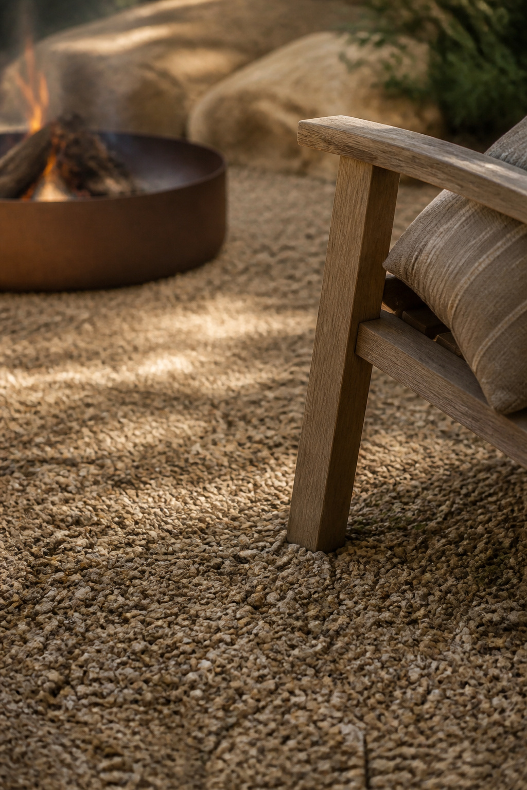 Buff pea gravel patio surface around a seating corner with a low steel fire ring softly blurred in the background