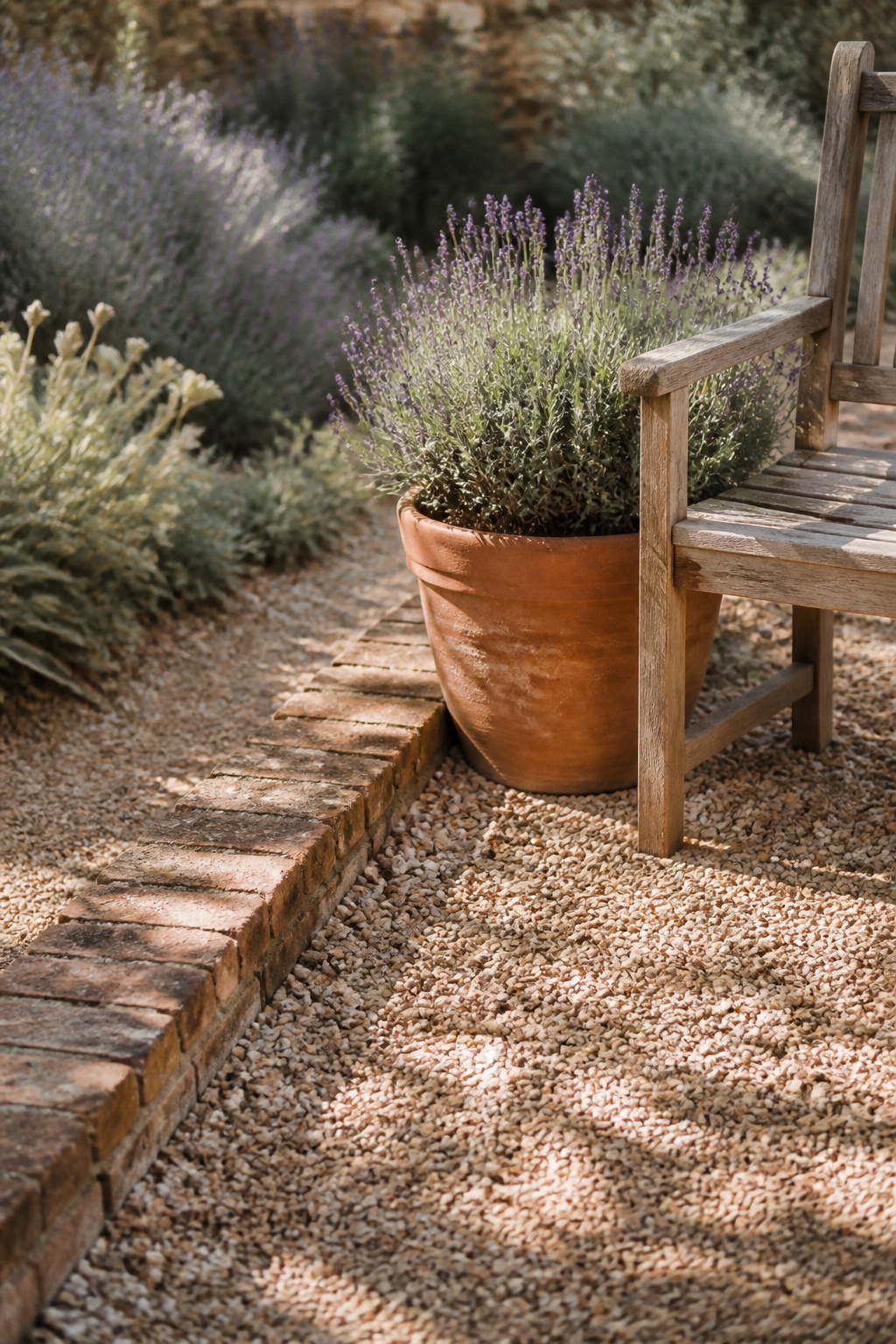 Buff pea gravel patio corner with aged-brick edging, a terracotta pot of lavender and a weathered teak chair