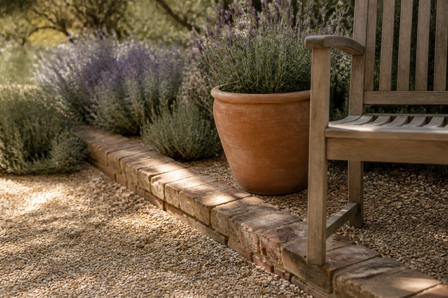 Buff pea gravel patio corner with aged-brick edging, a terracotta pot of lavender and a weathered teak chair