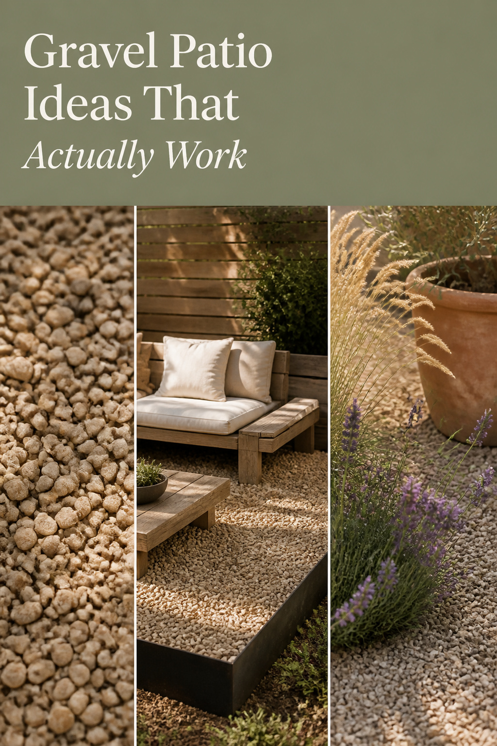Pinterest collage of gravel patio stone texture, a seating corner with steel edging, and lavender planting with a Gravel Patio Ideas headline