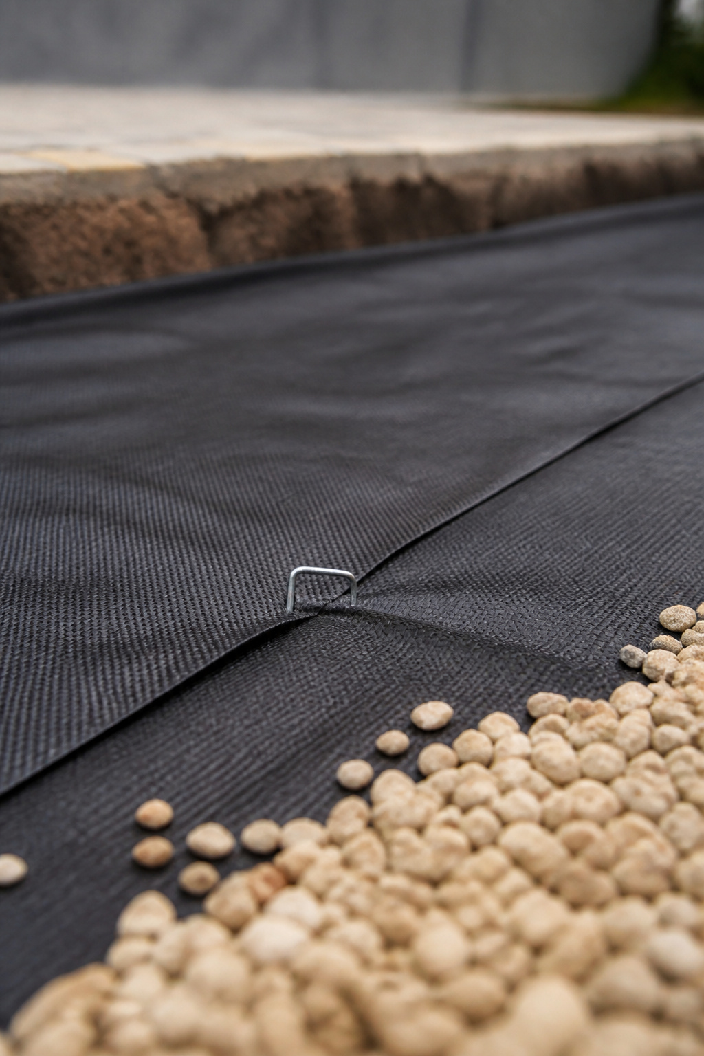 Black landscape fabric with an overlapped seam pinned down with metal garden staples over a compacted patio base