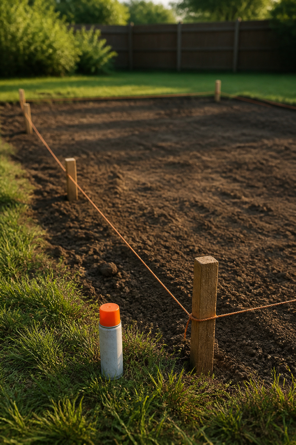 Wooden stakes and mason's string marking out a rectangular gravel patio footprint on bare soil before excavation