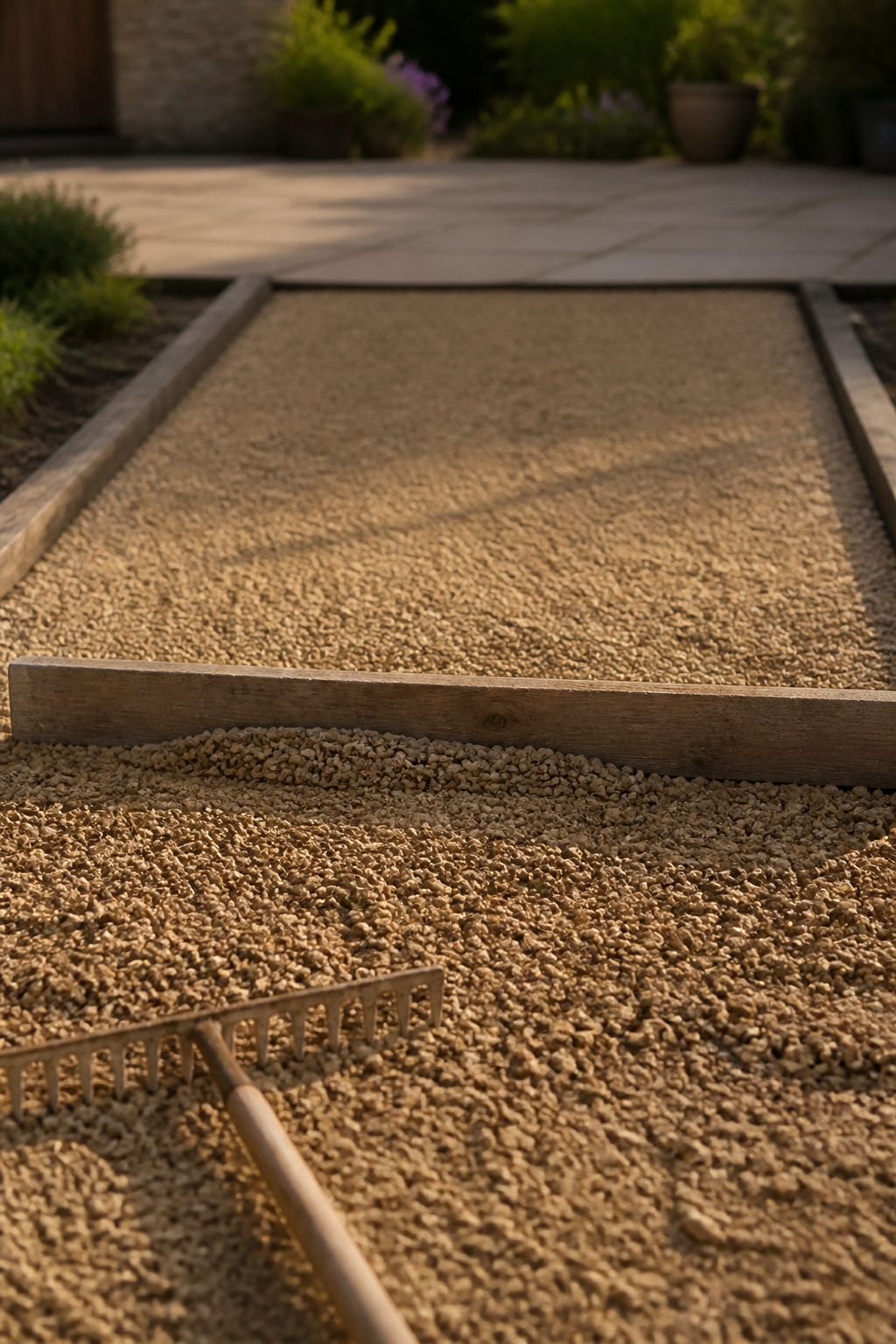 A screed board leveling a freshly spread layer of buff pea gravel across a patio between edging rails