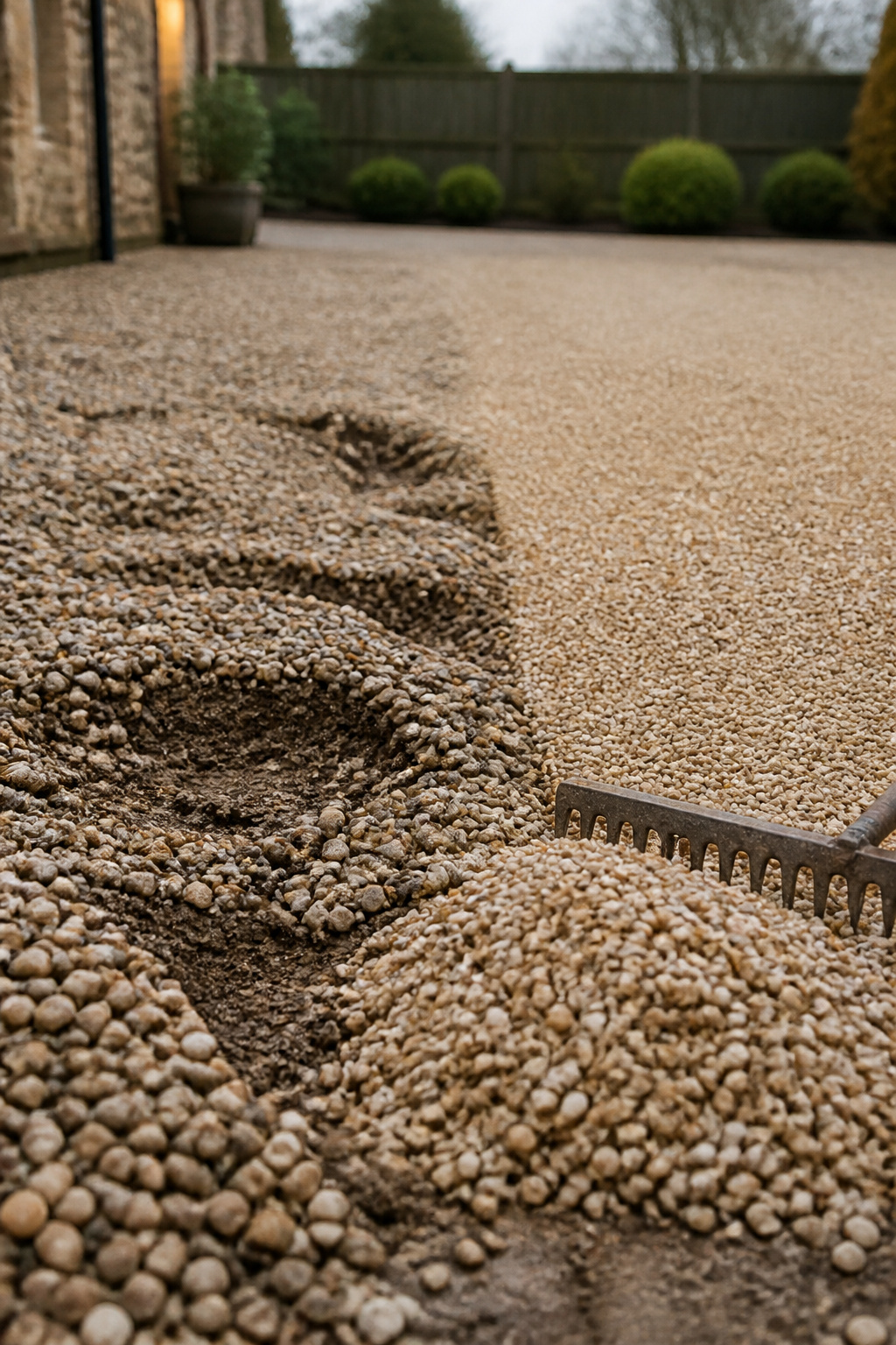 A sunken, rutted patch of gravel next to a freshly releveled section of the same patio after a top-up repair