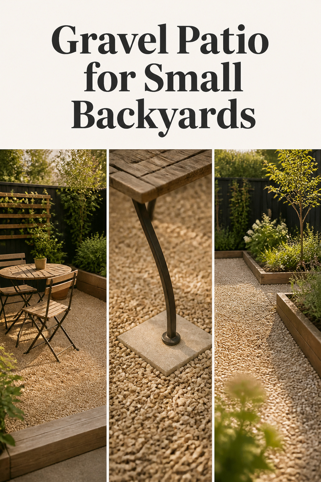 Pinterest pin collage showing a small gravel patio bistro corner, a furniture leg on a paver pad, and a diagonal gravel path
