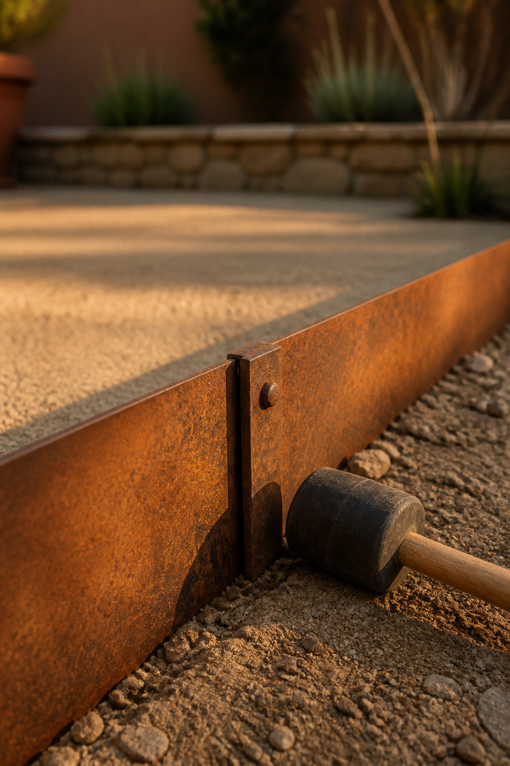 Weathered steel edging strip staked into the ground along the perimeter of a gravel patio base