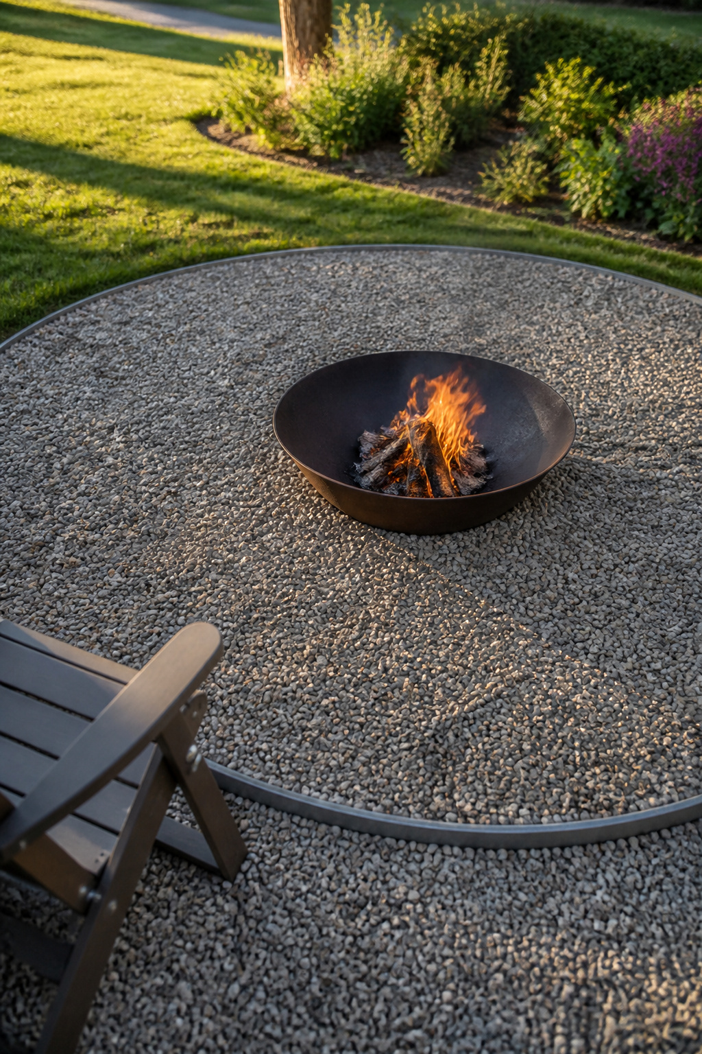 A circular pea-gravel fire pit area with a steel bowl insert burning a small wood fire and steel landscape edging holding the perimeter