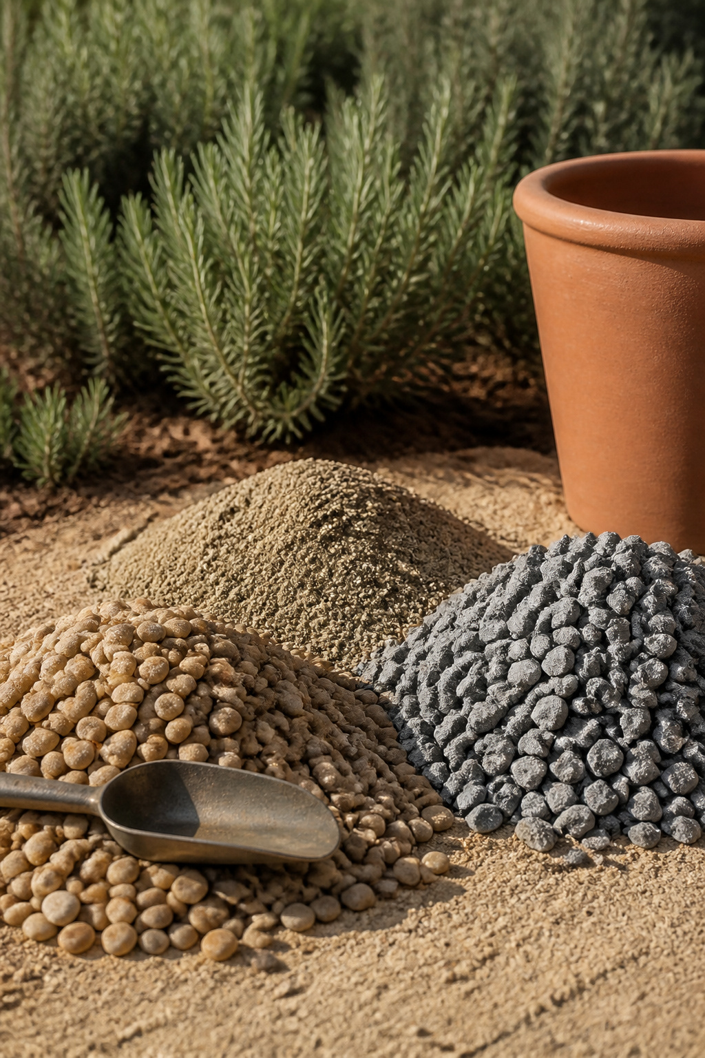 Three small piles of buff pea gravel, decomposed granite and grey crushed stone beside a terracotta pot for scale