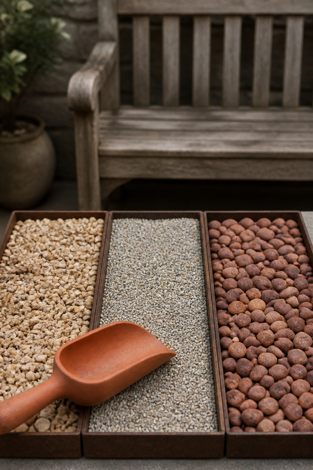 Three trays comparing buff pea gravel, silvery decomposed granite and reddish river rock side by side