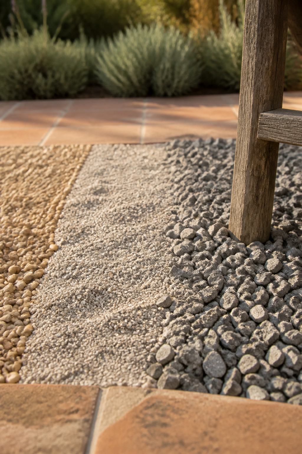 Low ground-level view comparing buff pea gravel, silvery decomposed granite and angular grey crushed stone side by side on a patio
