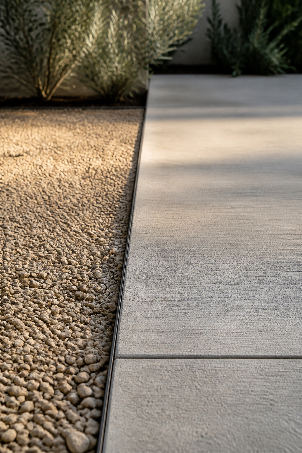 Buff pea gravel bordering a broom-finished poured concrete patio slab along a steel edging line
