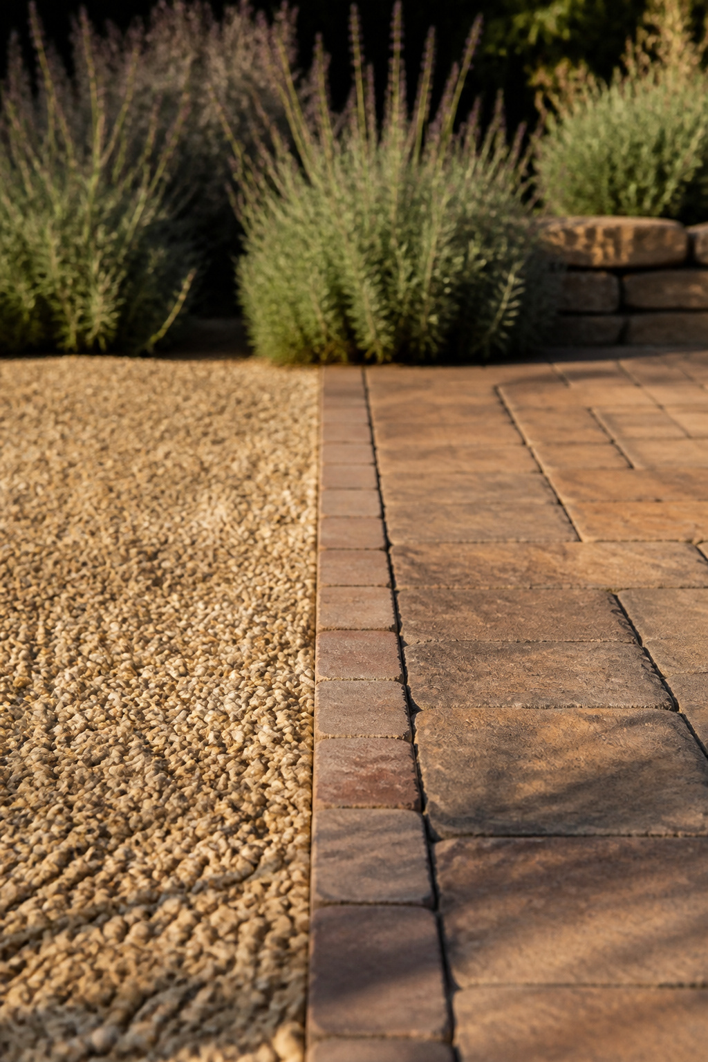 Buff pea gravel meeting a weathered clay paver section along a brick edging seam