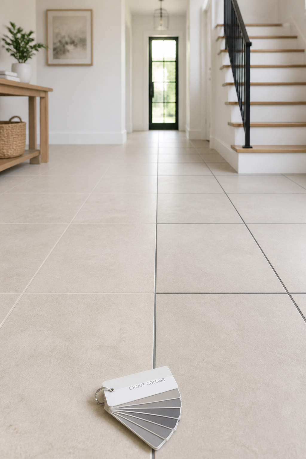 Side-by-side comparison of pale foyer tile with matched warm greige grout versus the same tile with contrasting charcoal grout