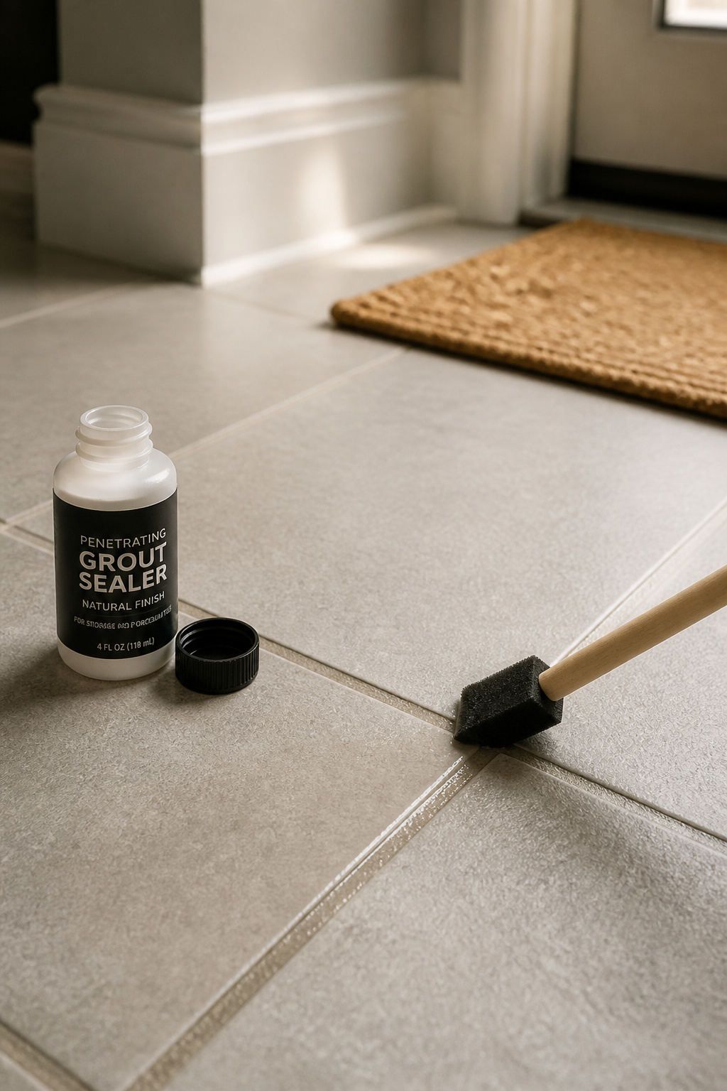 A foam applicator brush applying clear penetrating grout sealer along the joint lines of a finished light grey porcelain entryway floor