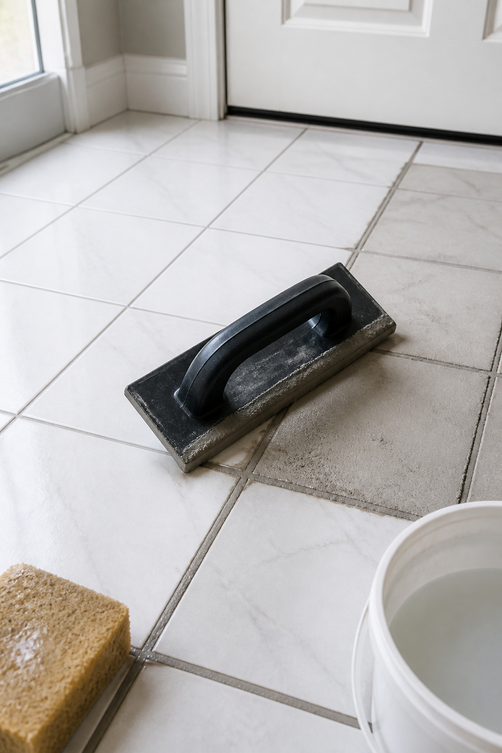 Rubber grout float sweeping diagonally across a freshly tiled entryway floor, grey sanded grout filling the joints between white porcelain tiles