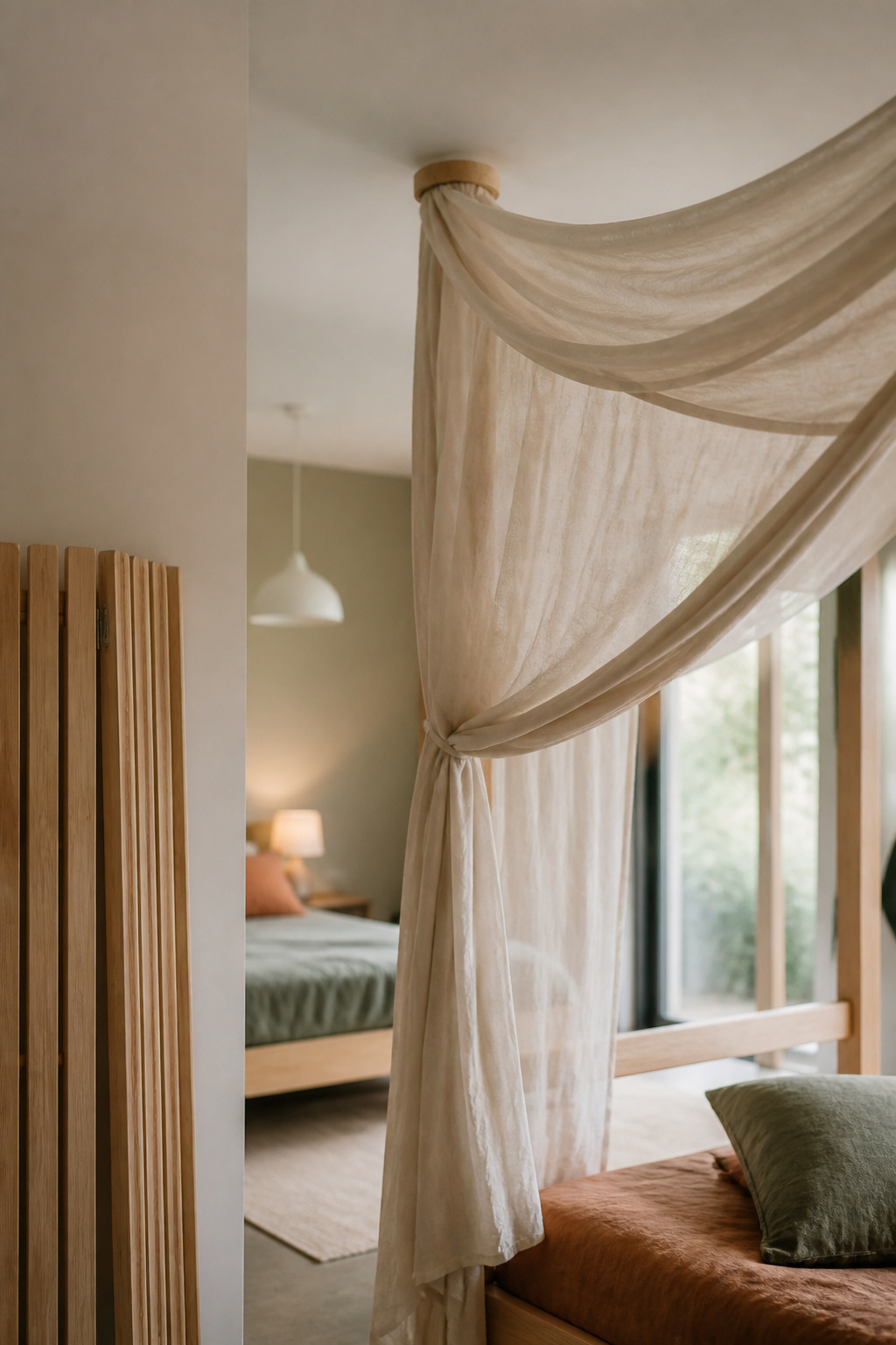 Sheer cotton half-canopy draped over a bed with a folding privacy screen leaning nearby