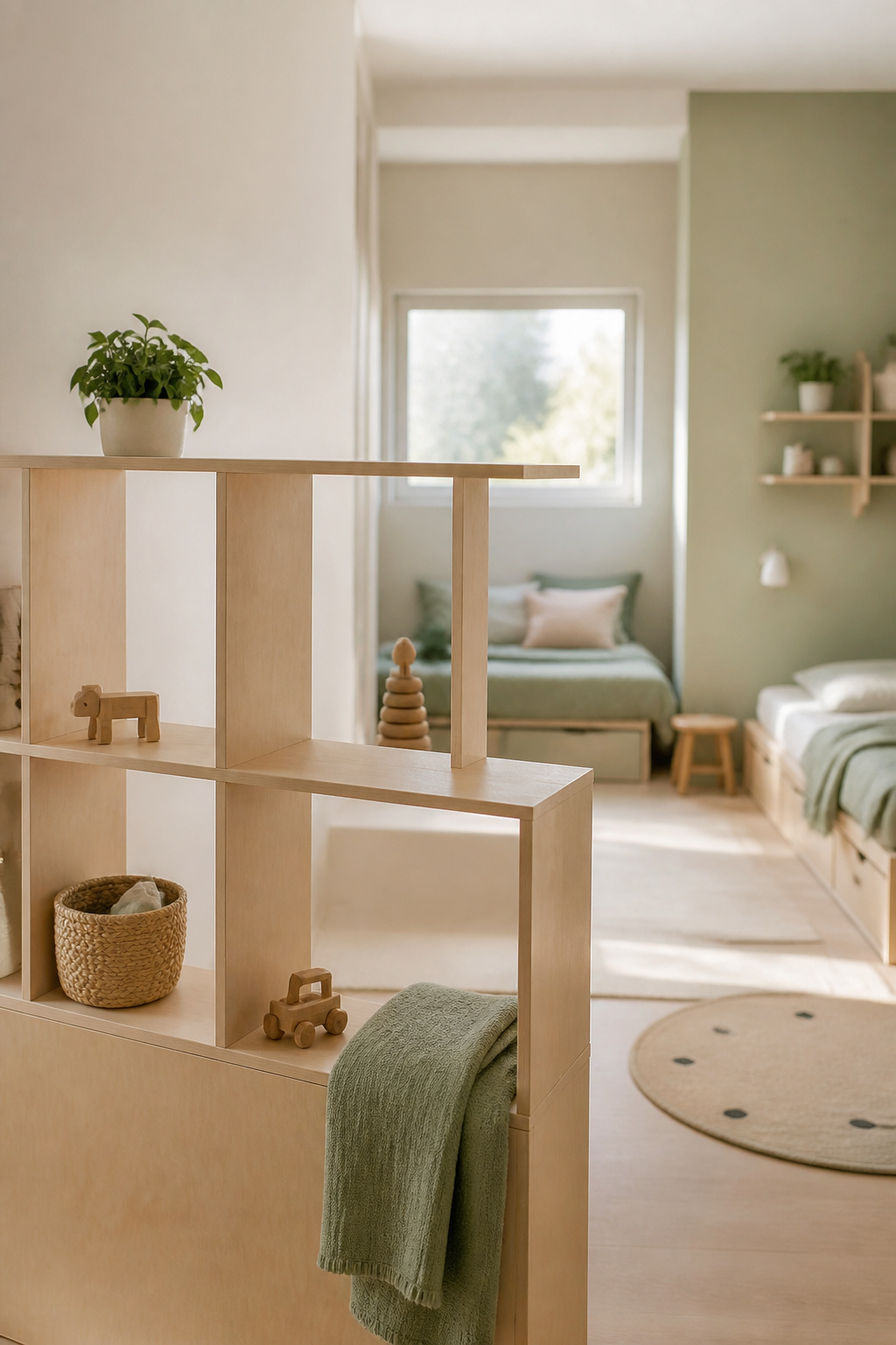 Half-height birch open shelving unit dividing a shared bedroom while leaving daylight from the window unobstructed