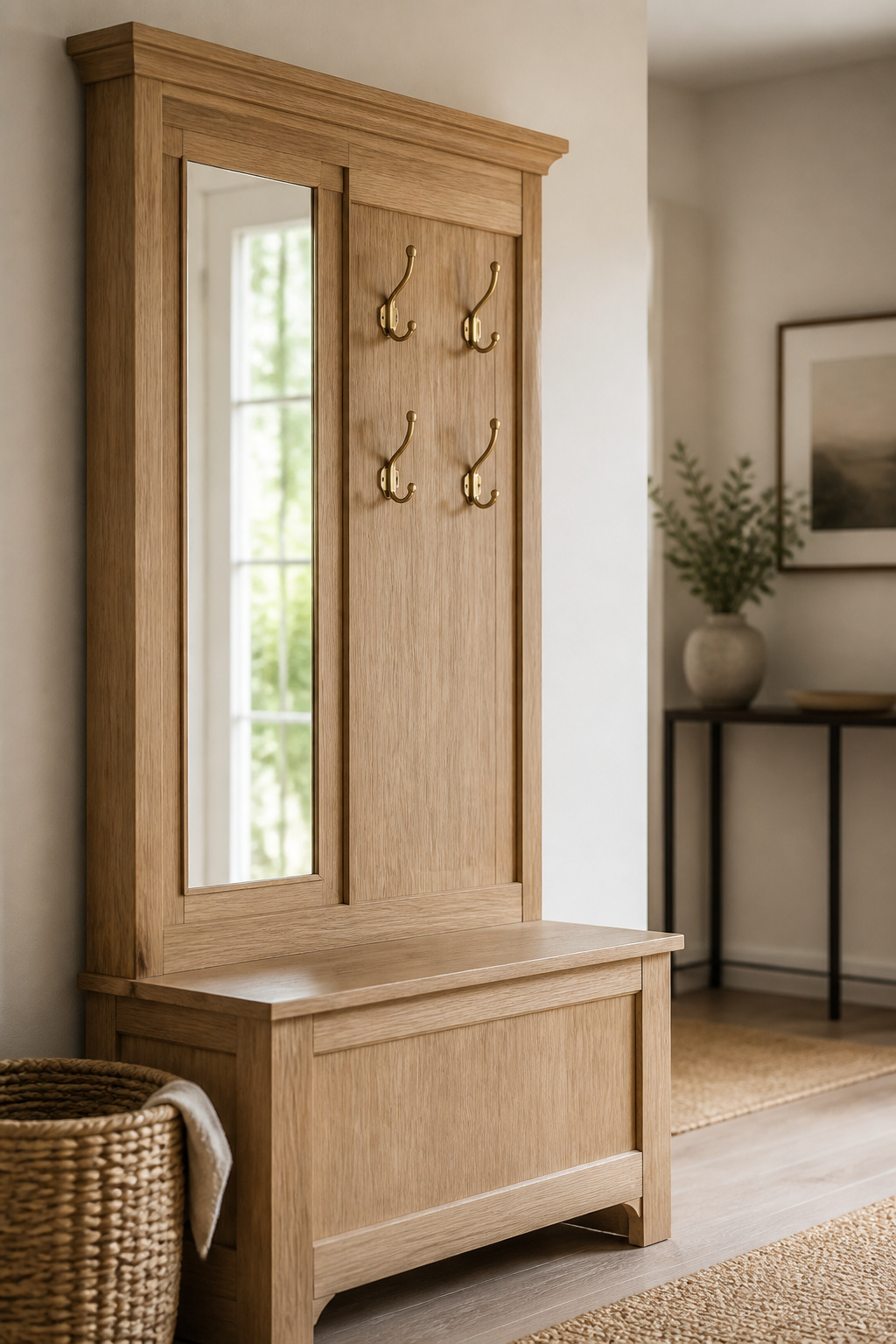 White oak 3-in-1 hall tree with integrated mirror, four hooks and bench seat in a transitional entryway