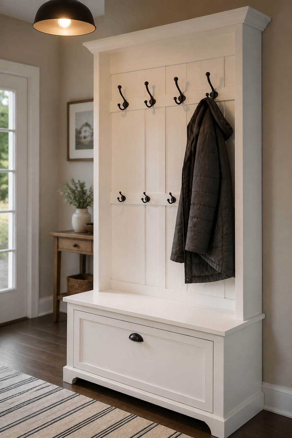 White hall tree unit with bench seat below and dual-row coat hooks above, a coat hanging on the upper adult-height hook