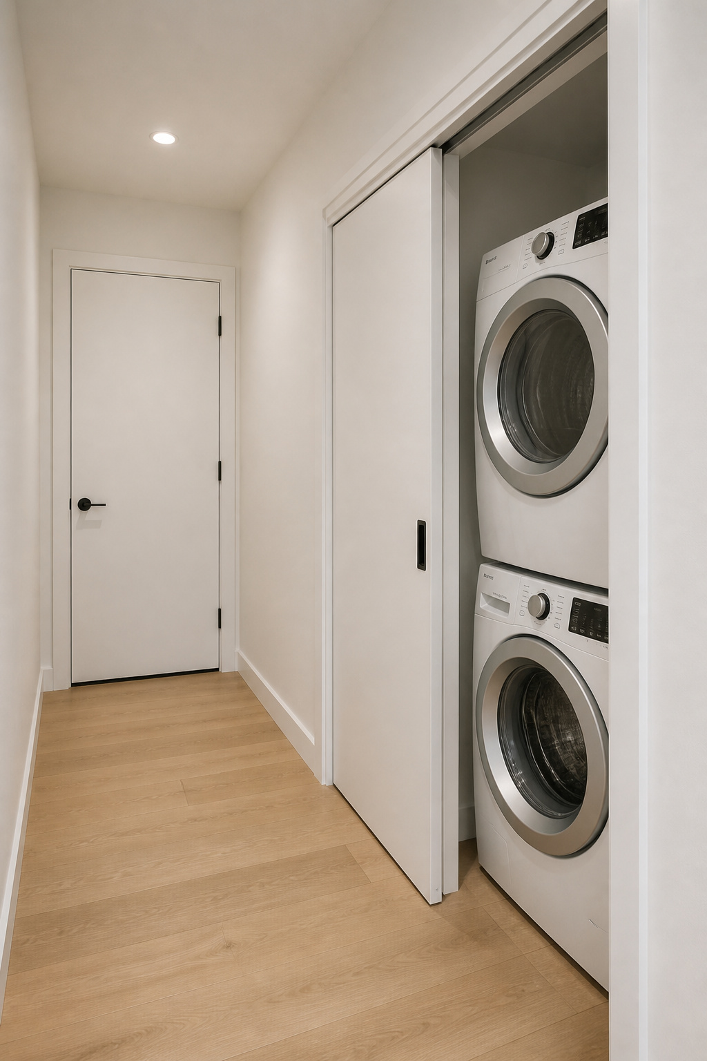 Hallway laundry nook with solid white pocket door half-open revealing stacked front-load washer and dryer, 38 inches of clear corridor beside it