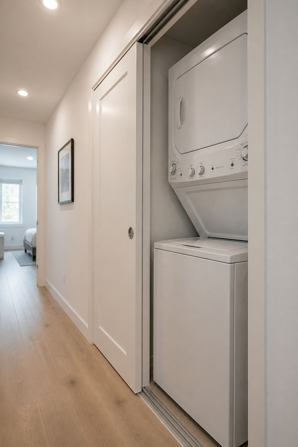 Hallway pocket door retracted to reveal a compact nook with stacked white washer and dryer on a pale wood floor
