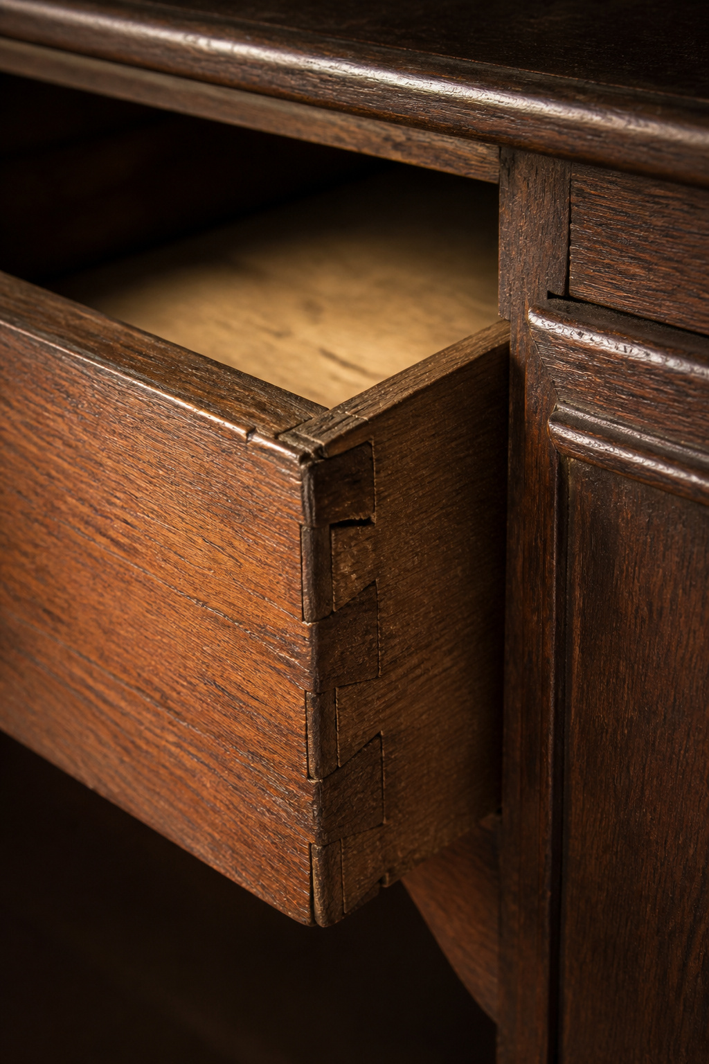 Close-up of hand-cut dovetail joints on an antique walnut sideboard drawer, showing the characteristic irregularities that date a piece to before 1870