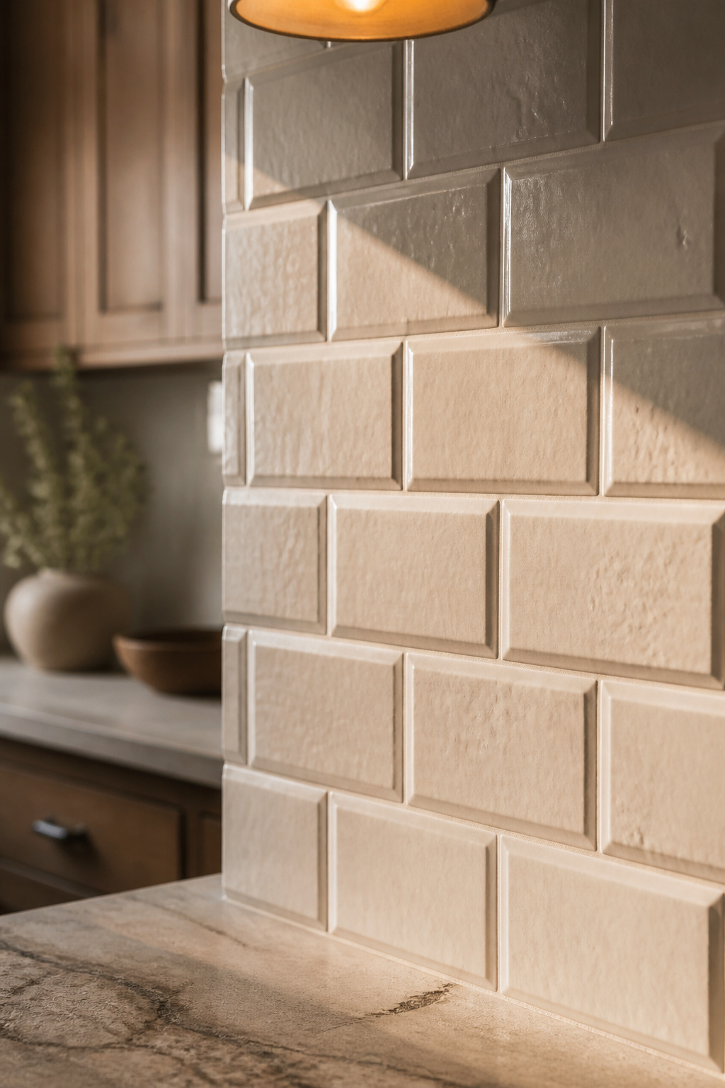 Close-up of warm white handmade-look subway tile backsplash with bevelled edges and slightly irregular glaze, showing light catching the angled tile borders