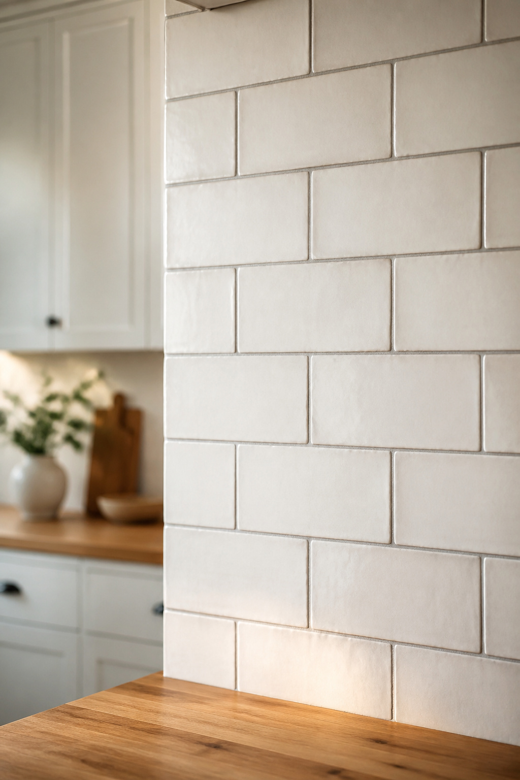 Cream handmade subway tile in running bond pattern on a farmhouse kitchen backsplash with warm grey grout and wood countertop edge