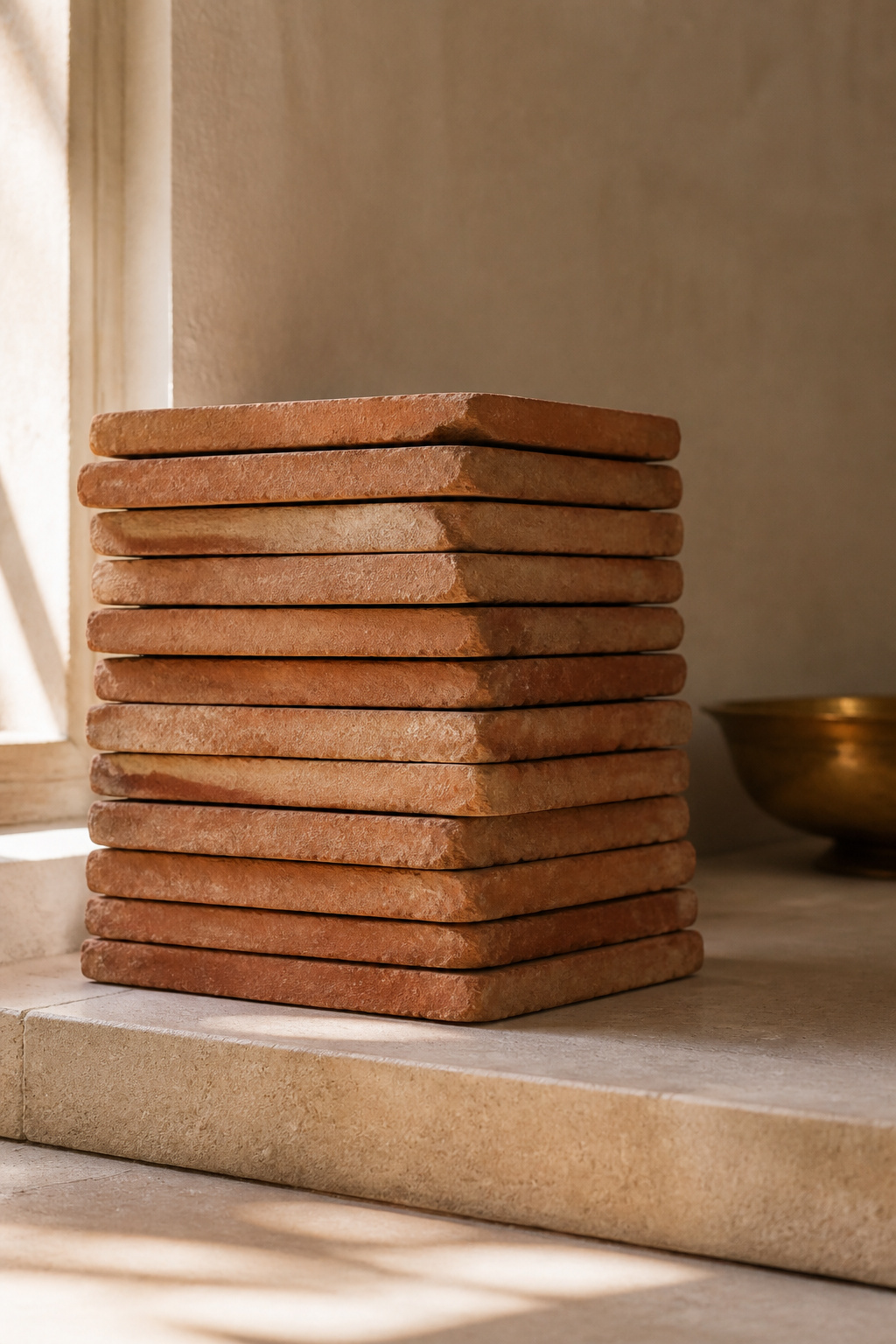 Stack of handmade terracotta kitchen floor tiles with irregular tooled edges and natural colour variation between pieces