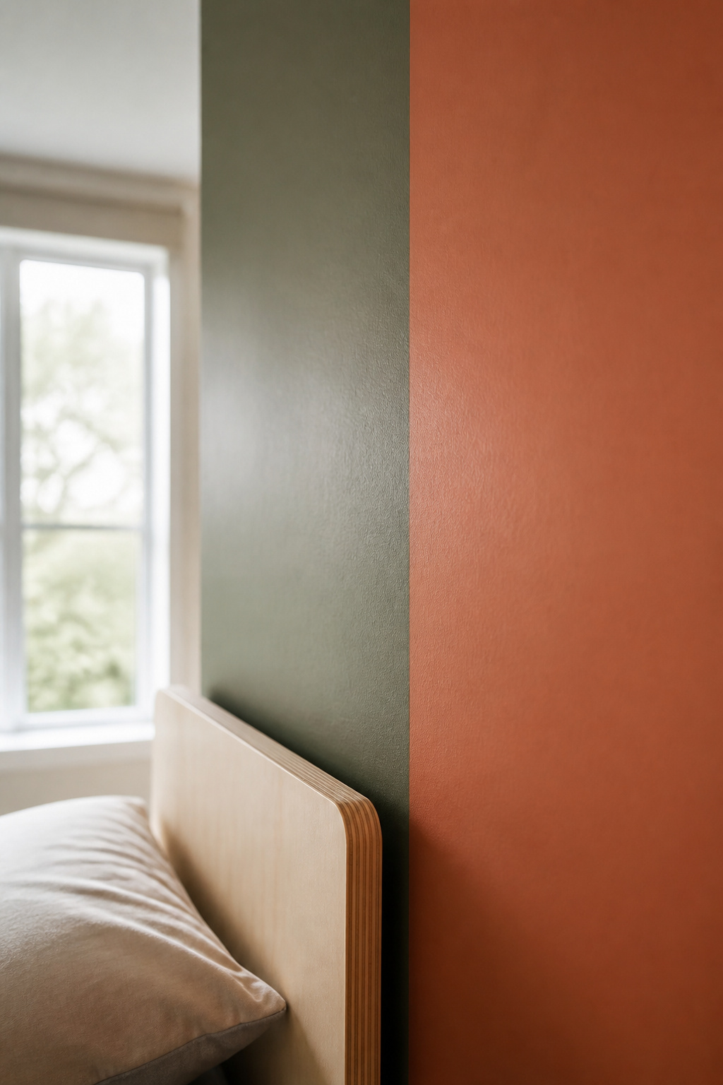 A bedroom wall painted with a hard vertical seam splitting sage green from terracotta, illustrating the two-halves design mistake