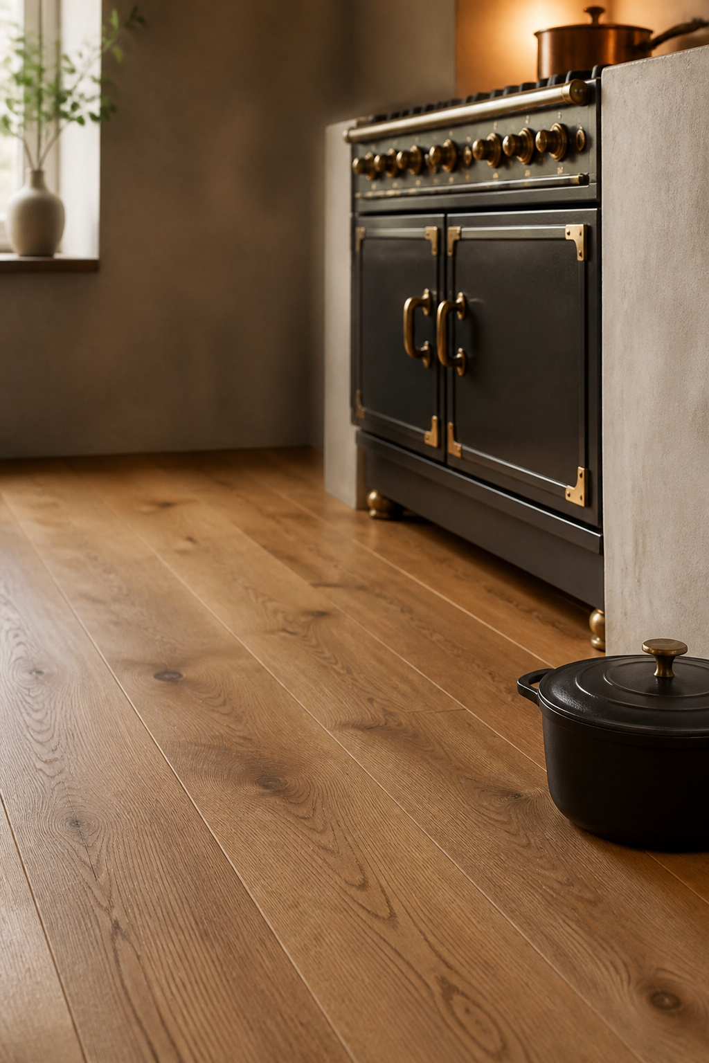 Honey oak kitchen floorboards with a matte hardwax-oil finish beside a freestanding range