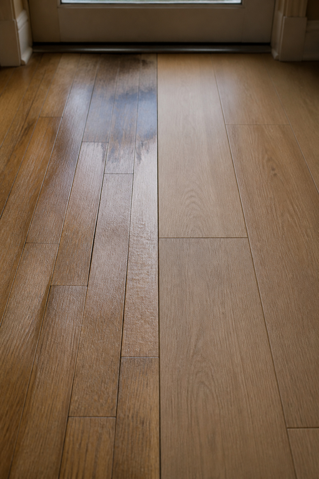 Side-by-side comparison of cupped hardwood entryway floor versus flat matte porcelain wood-look tile