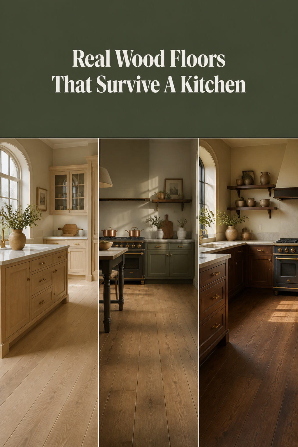 Pinterest pin comparing light oak, mid-tone oak, and deep walnut hardwood kitchen floors in warm European kitchens